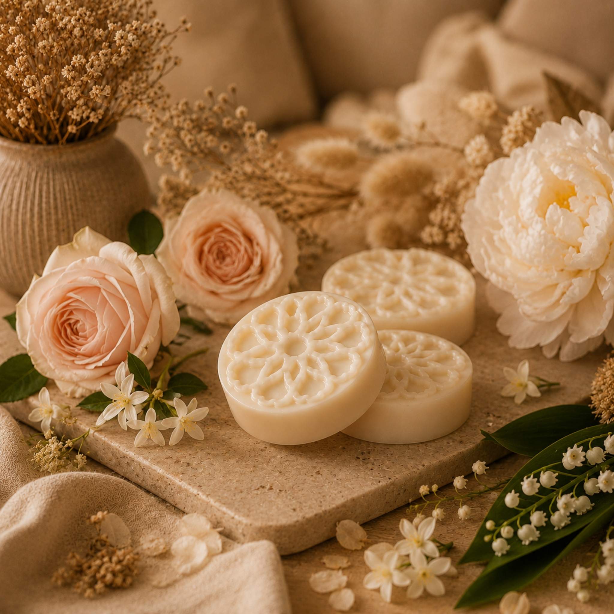 Fondant parfumé floral entouré de fleurs délicates, collection Florale alvea.