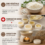 Fondants parfumés Alvea en cire végétale, fabriqués en Suisse et diffusant leur parfum jusqu’à 10 heures.