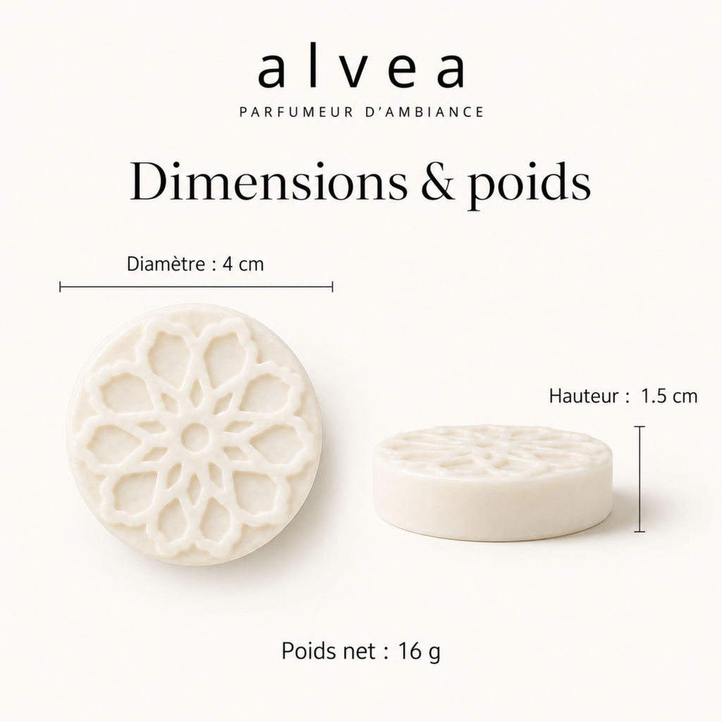 Dimensions du fondant parfumé Alvea : 4 cm de diamètre, 1,5 cm de hauteur et poids net de 16 g.