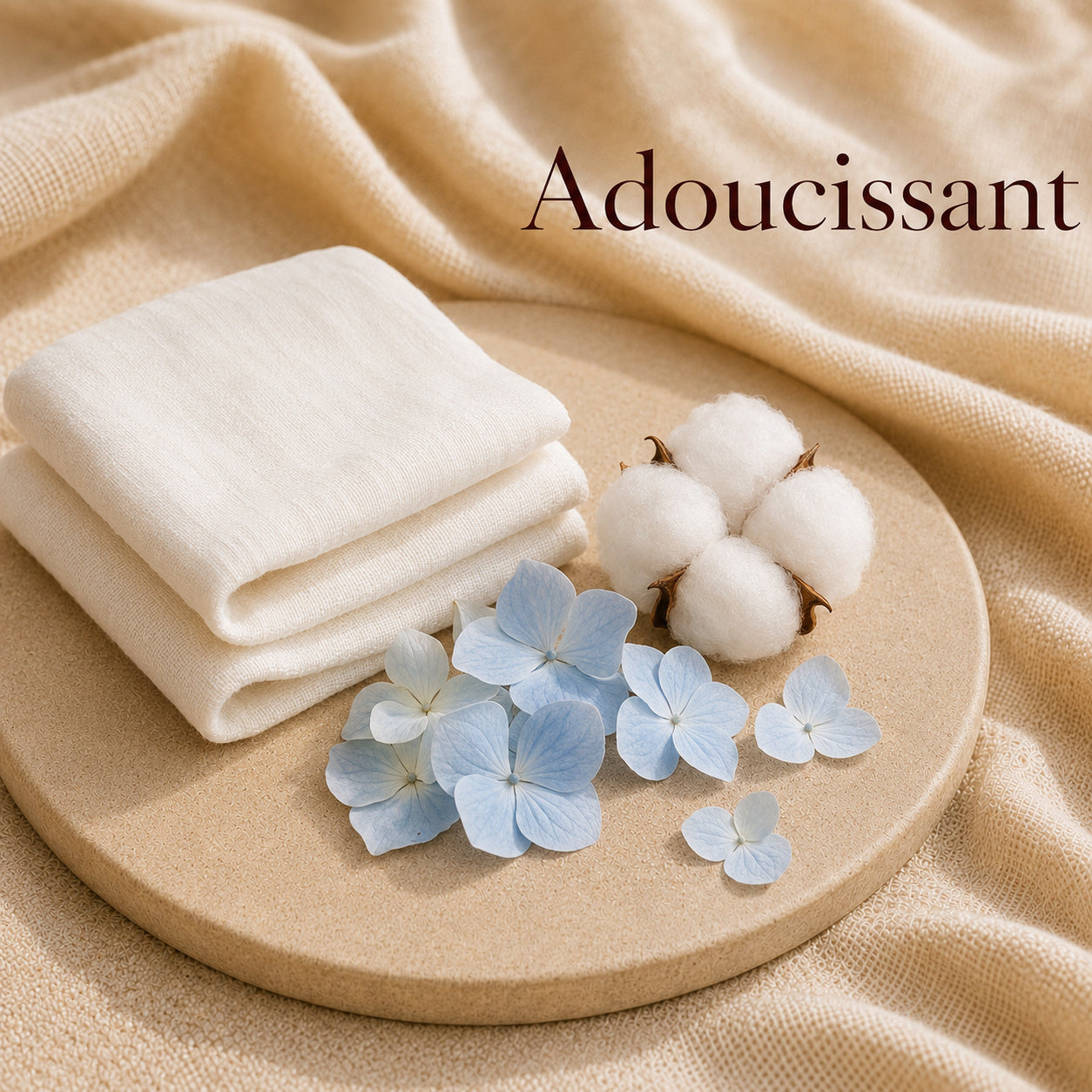 Fondant parfumé Adoucissant alvea, présenté avec du linge propre dans une ambiance fraîche et réconfortante.