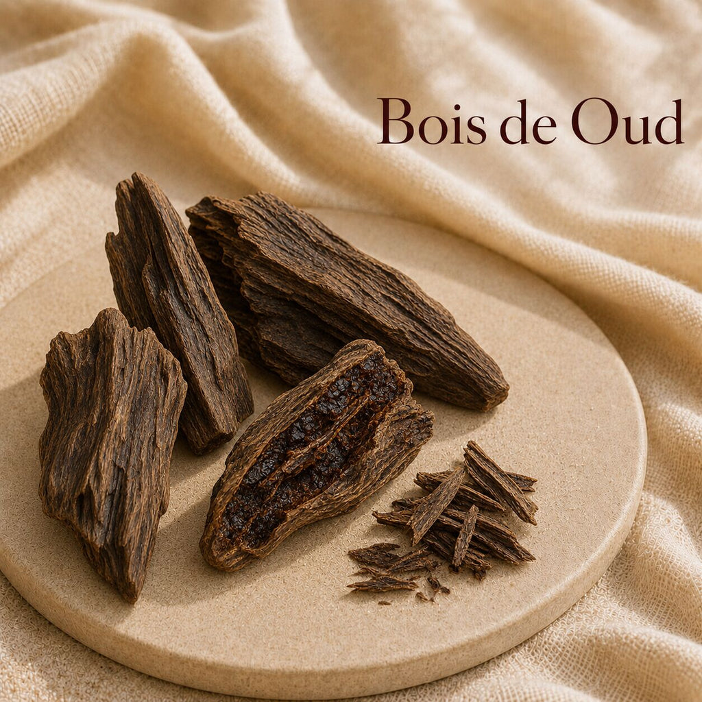 Fondant parfumé Bois de Oud alvea, présenté dans une ambiance naturelle et apaisante.