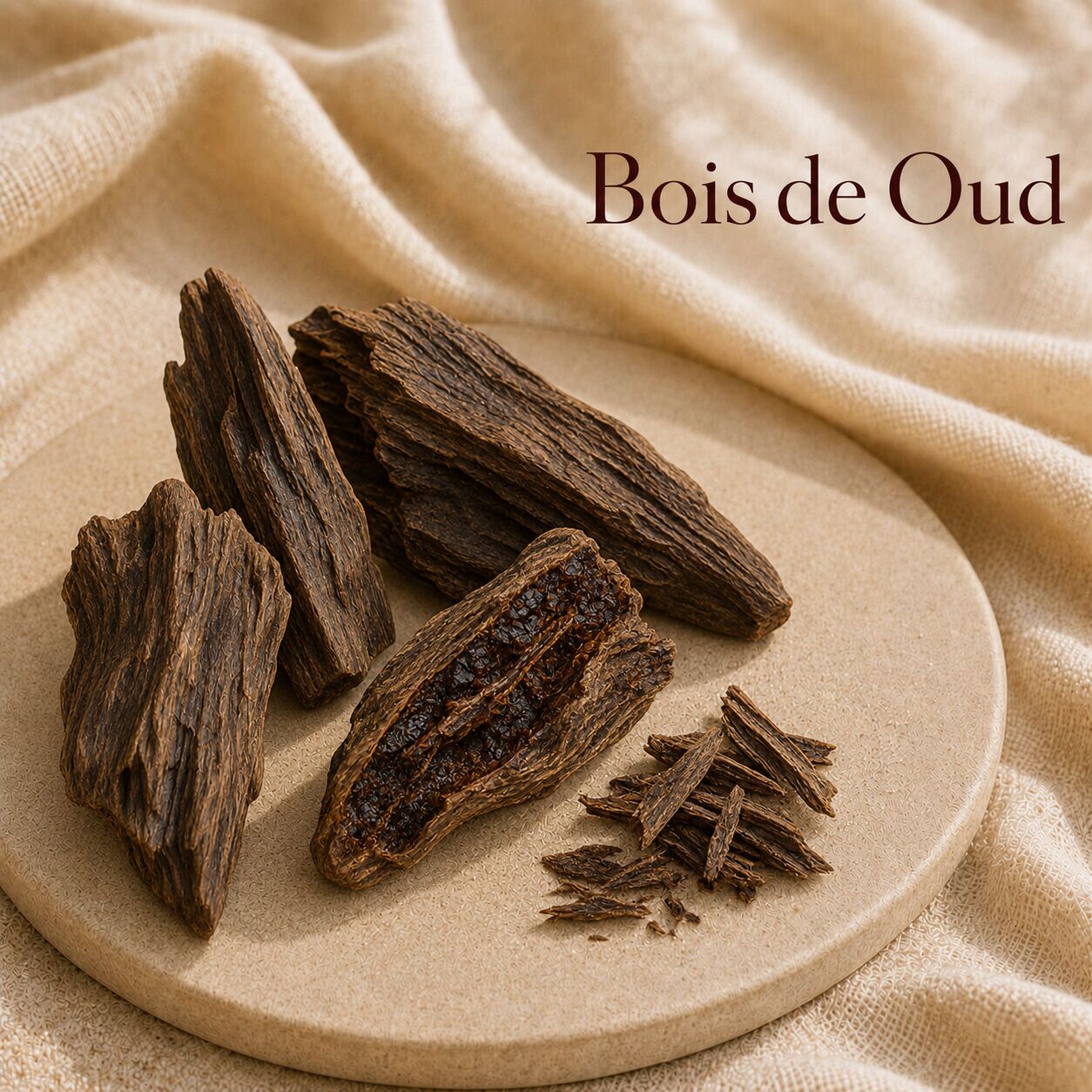 Fondant parfumé Bois de Oud alvea, présenté dans une ambiance naturelle et apaisante.