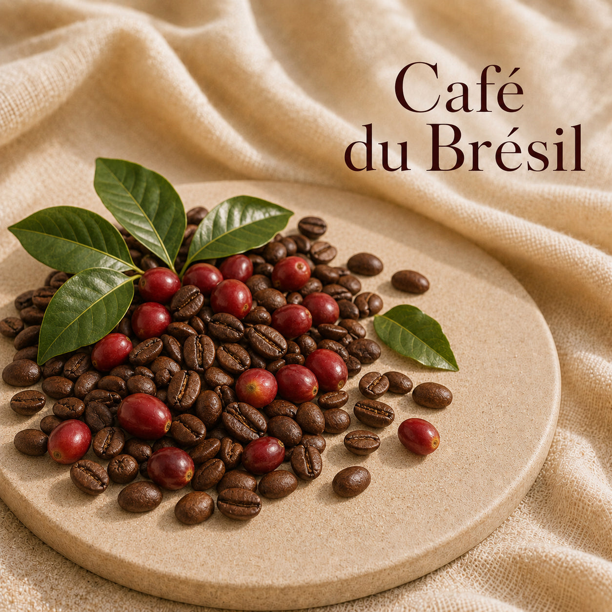 Fondant parfumé Café du Brésil alvea, présenté avec des grains de café dans une ambiance gourmande et chaleureuse.