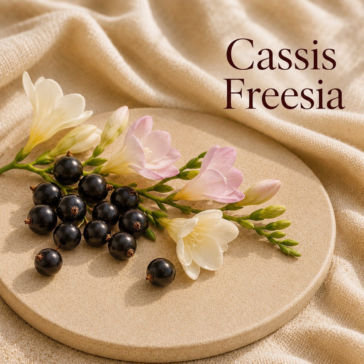 Fondant parfumé Cassis Freesia alvea, présenté dans une ambiance fruitée.