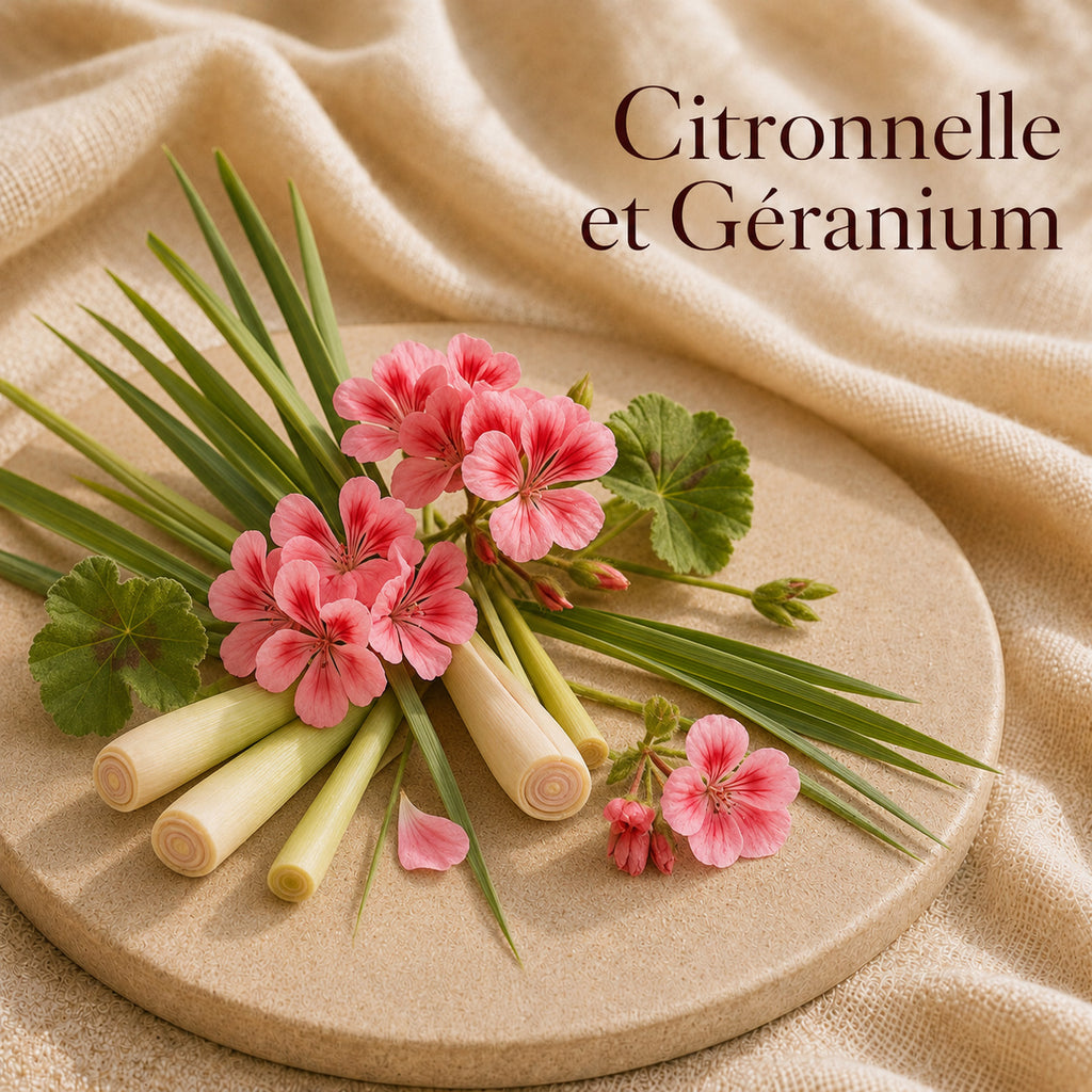 Fondant parfumé Citronnelle et Géranium alvea, présenté dans une ambiance naturelle et apaisante.