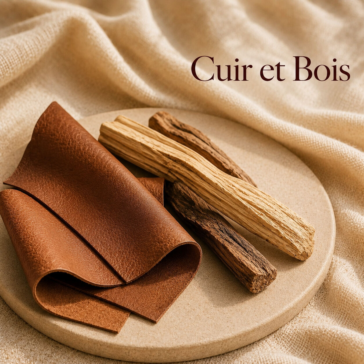 Fondant parfumé Cuir et Bois alvea, présenté dans une ambiance naturelle et apaisante.