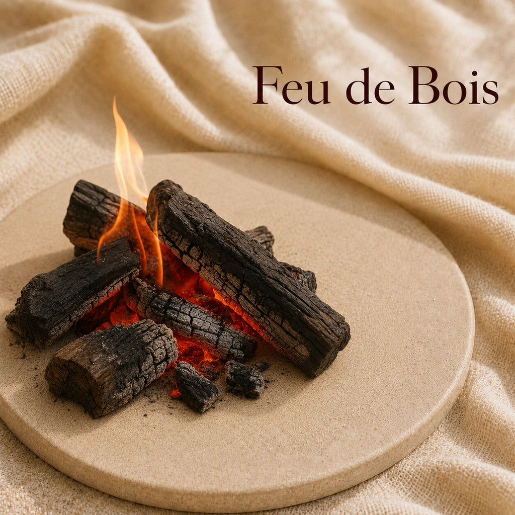 Fondant parfumé Feu de Bois alvea, présenté dans une ambiance naturelle et apaisante.