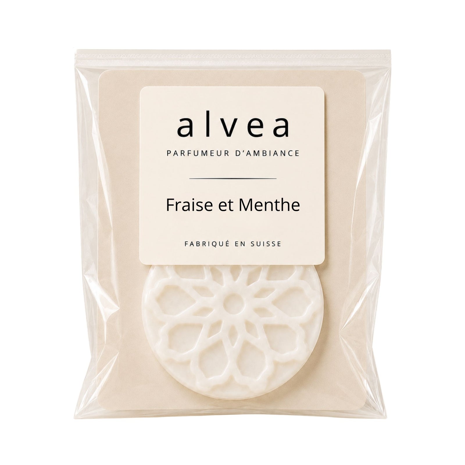 Fondant parfumé Fraise et Menthe alvea présenté dans son sachet transparent
