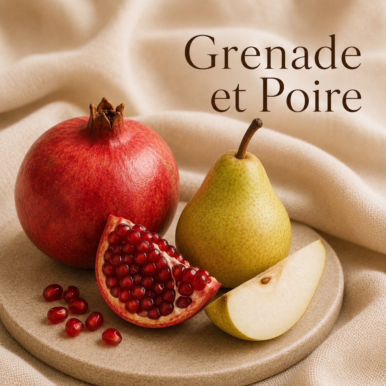 Fondant parfumé Grenade et Poire alvea, présenté avec des grenades et des poires dans une ambiance fruitée.