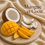 Fondant parfumé Mangue et Coco alvea, présenté dans une ambiance fruitée.