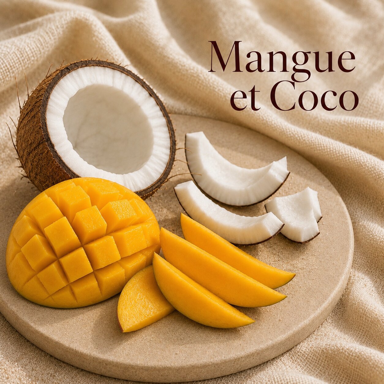 Fondant parfumé Mangue et Coco alvea, présenté dans une ambiance fruitée.