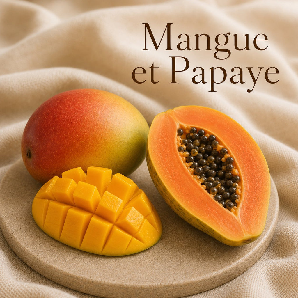 Fondant parfumé Mangue et Papaye alvea, présenté dans une ambiance fruitée.