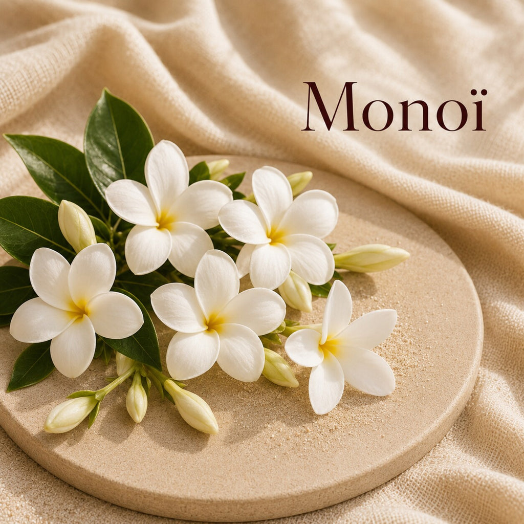 Fondant parfumé Monoï alvea, présenté dans une ambiance florale.