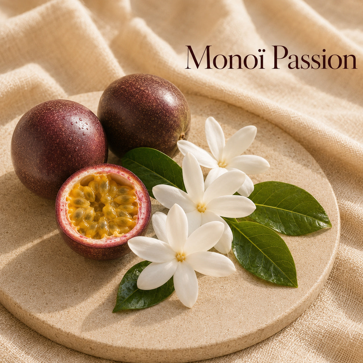 Fondant parfumé Monoï Passion alvea, présenté dans une ambiance florale.