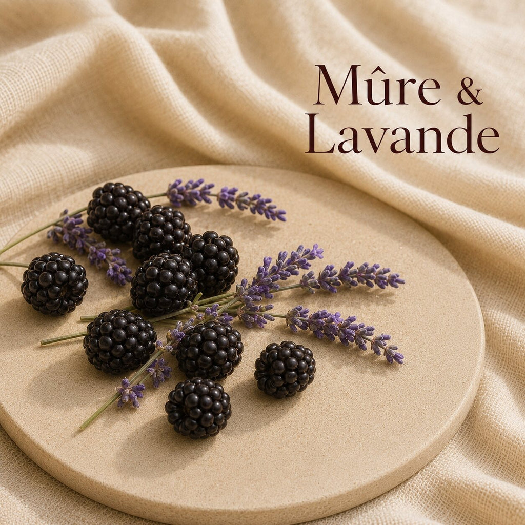 Fondant parfumé Mûre & Lavande alvea, présenté dans une ambiance fruitée.