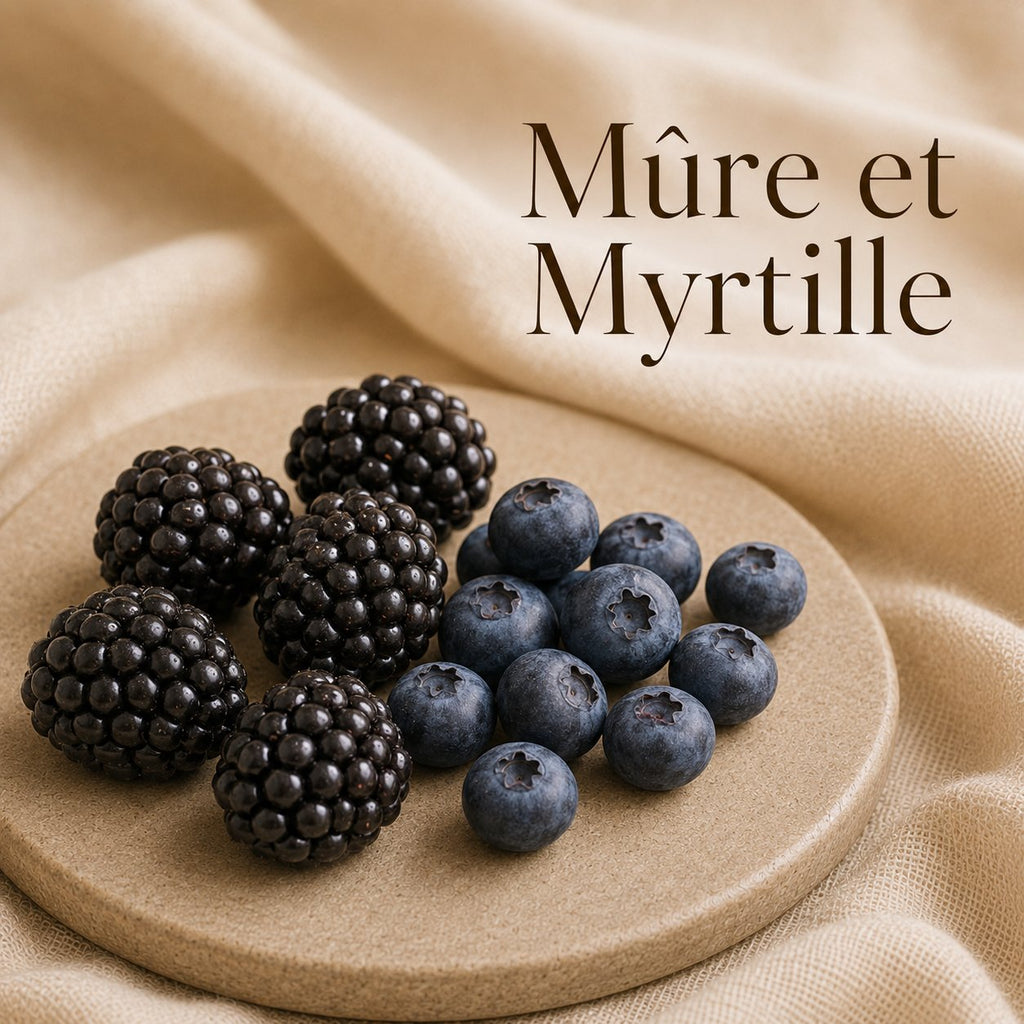 Fondant parfumé Mûre Myrtille alvea, présenté dans une ambiance fruitée.