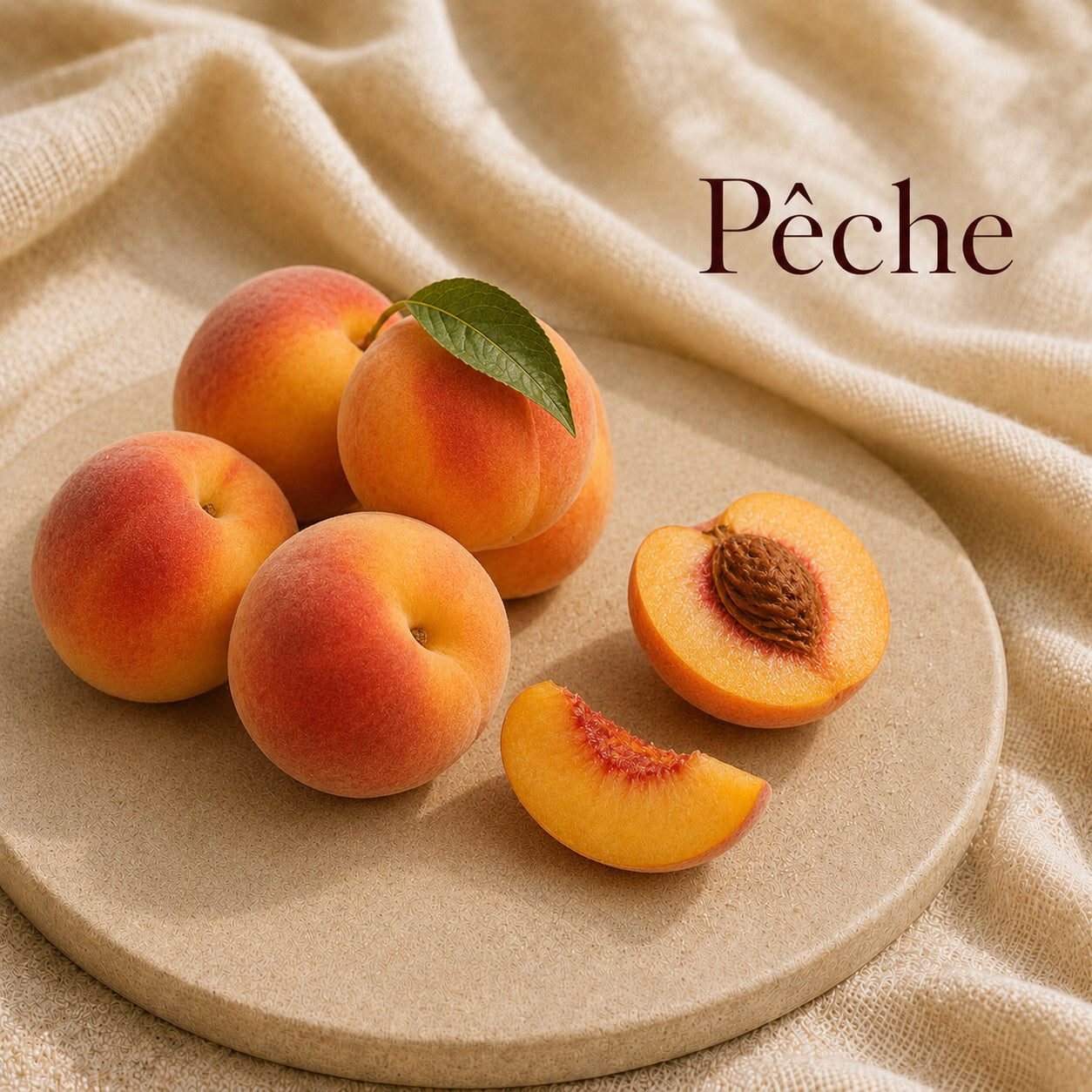 Fondant parfumé Pêche alvea, présenté dans une ambiance fruitée.