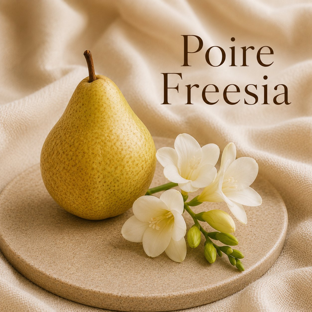Fondant parfumé Poire Freesia alvea, présenté dans une ambiance fruitée.