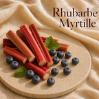 Fondant parfumé Rhubarbe Myrtille alvea, présenté dans une ambiance fruitée.